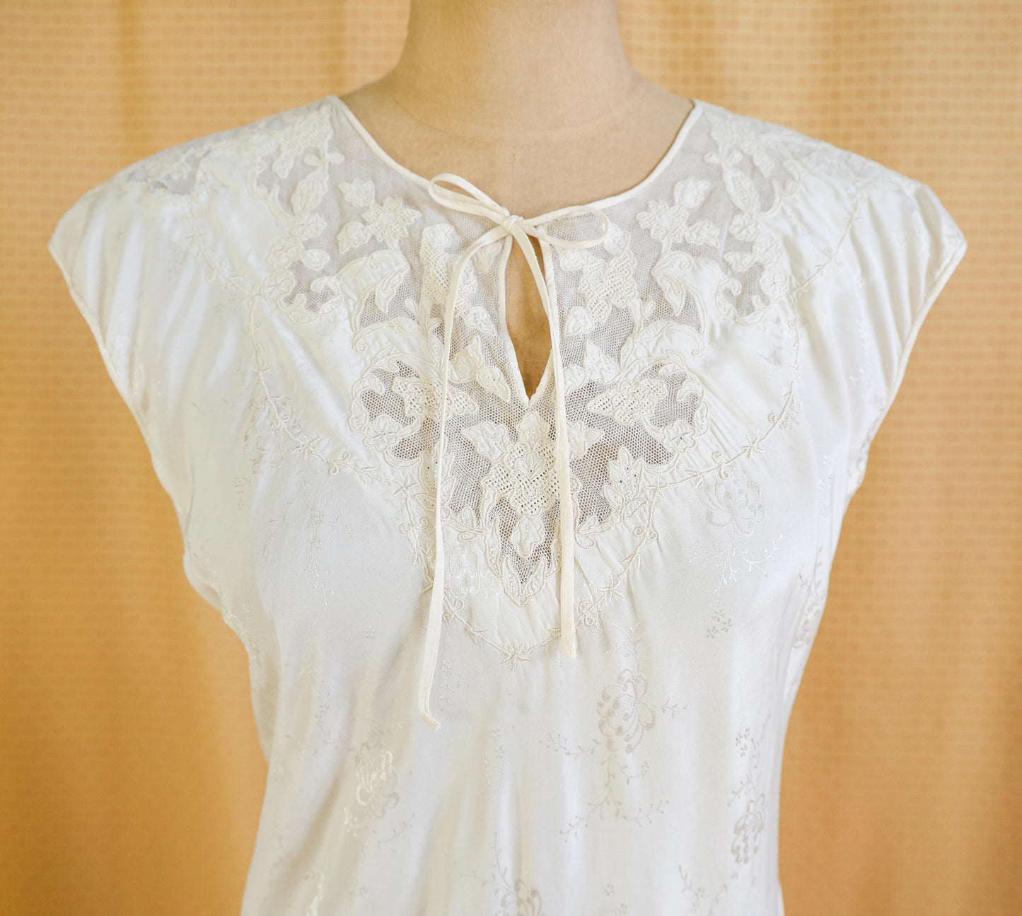 1940s Ivory Silk Nightgown, White Bias Cut Long Dress, Medium