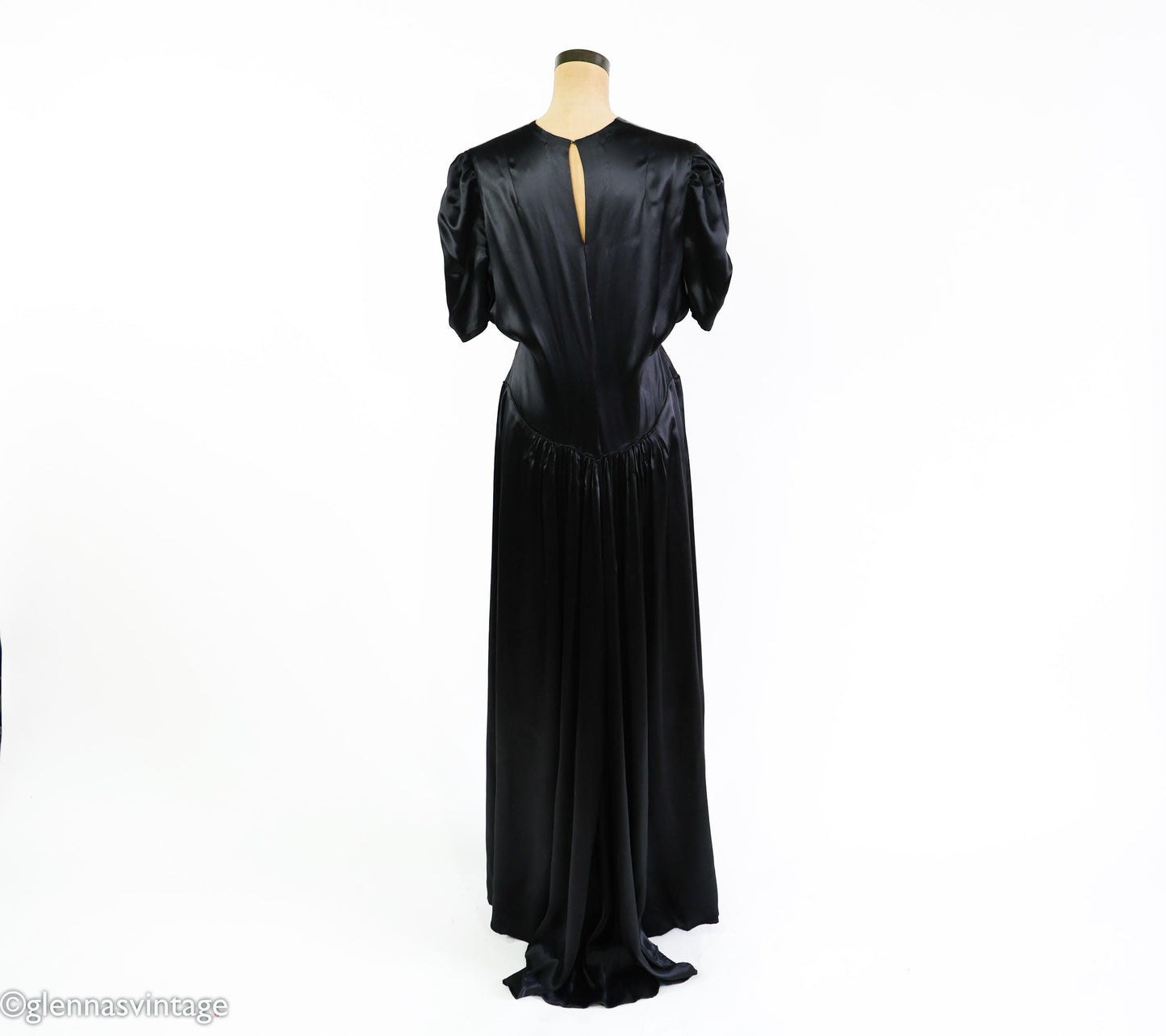 1930s Vintage Black Satin Evening Gown, Rhinestone Belt, Extra Large