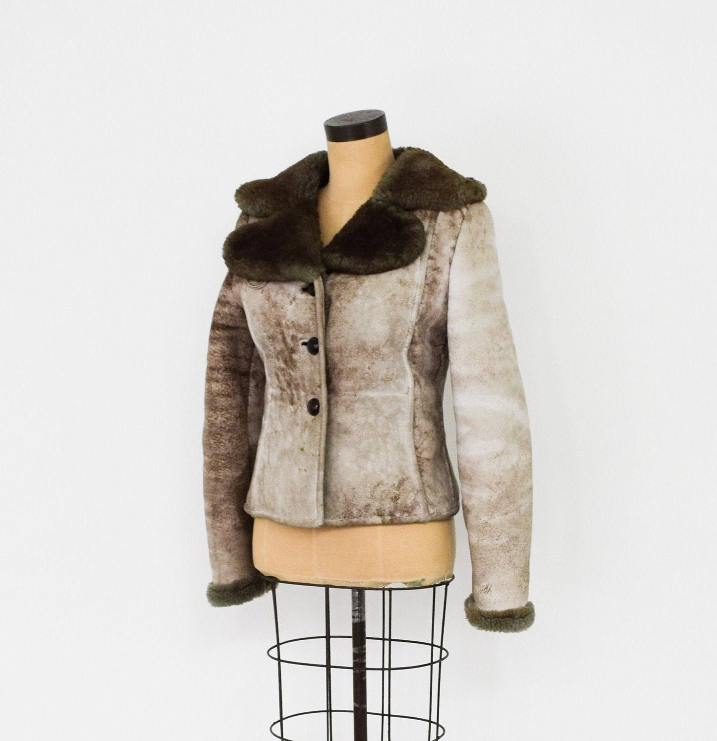 Vintage Shearling Coat with Hood, Women's Beige Suede Jacket, 1970s Style