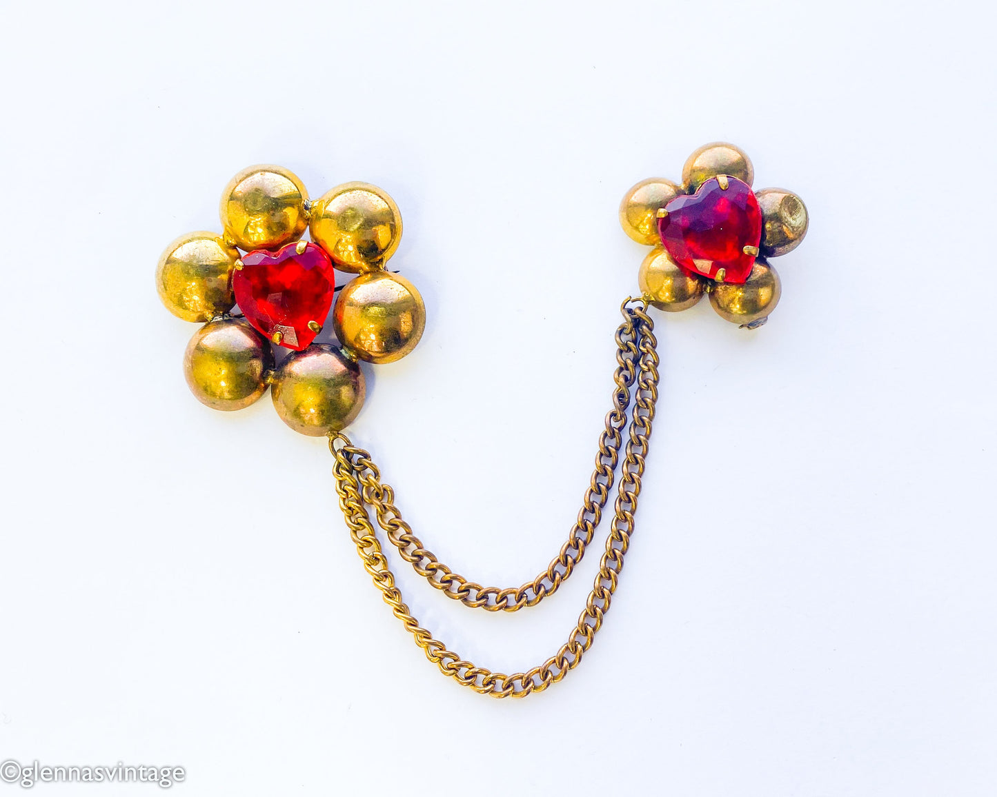 1940s Red Brass Flower Pin Set, Sweater Guard