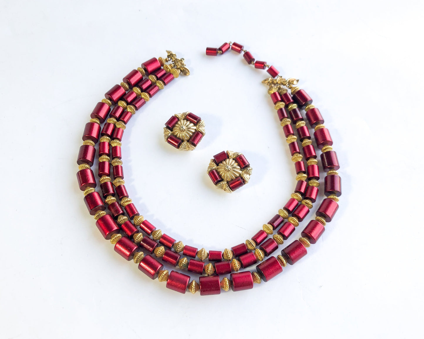 1960s Red Necklace Earrings Set | 60s Red Plastic Bead Necklace Set