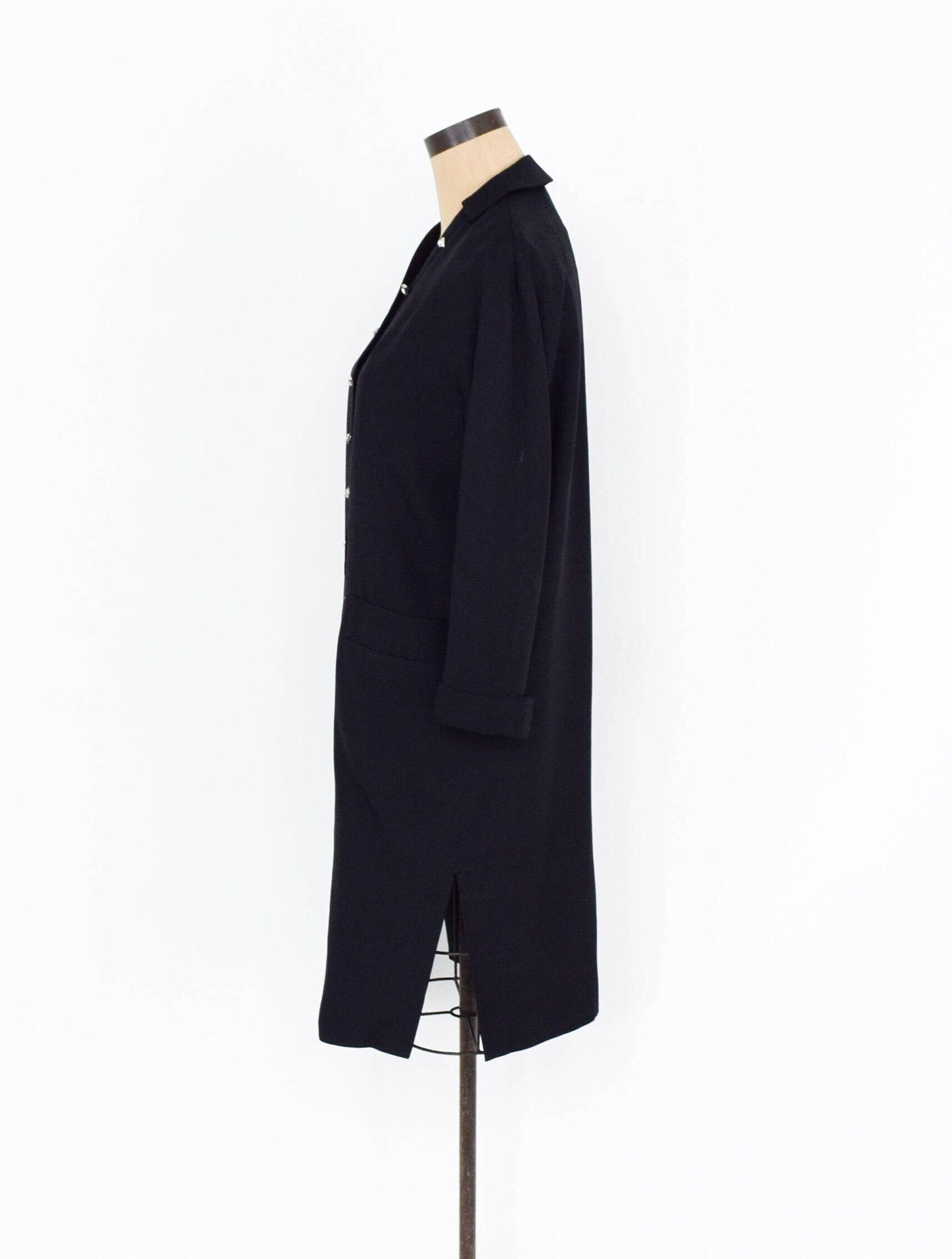 1950s Black Silk Coat | 50s Black Raw Silk Coat | Rhinestone Button Coat | Large