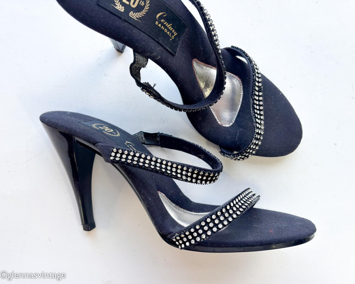 1950s Black Rhinestone Strappy Heels Sandals, US 8