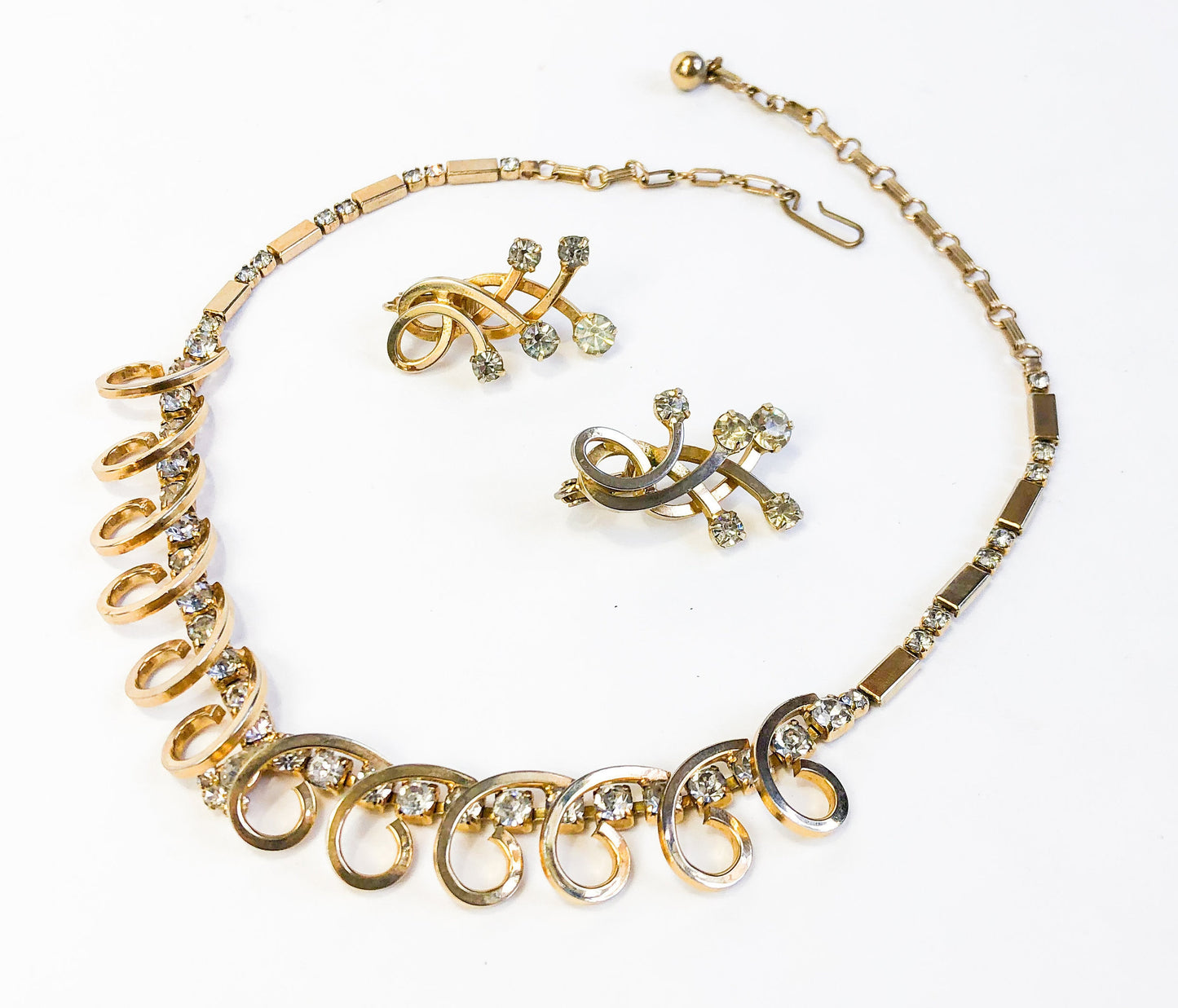 Vintage Gold Tone Rhinestone Necklace and Earrings Set, 1950s Jewelry