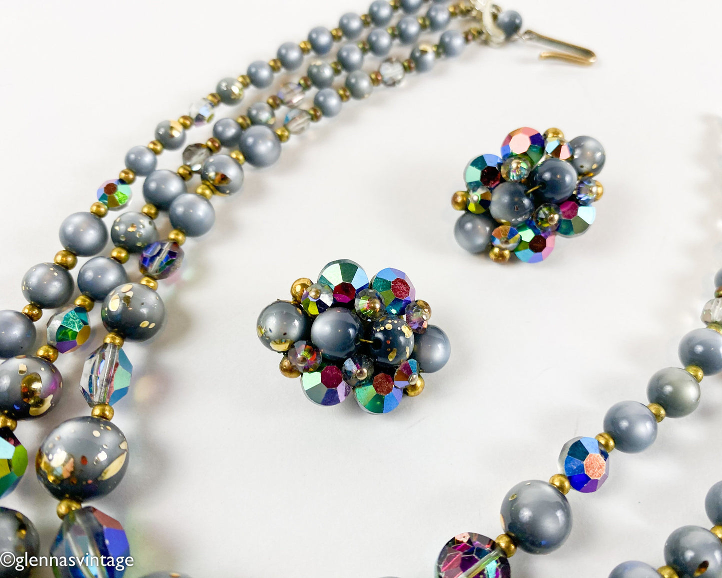 1960s Gray Aurora Borealis Necklace and Clip Earrings Set