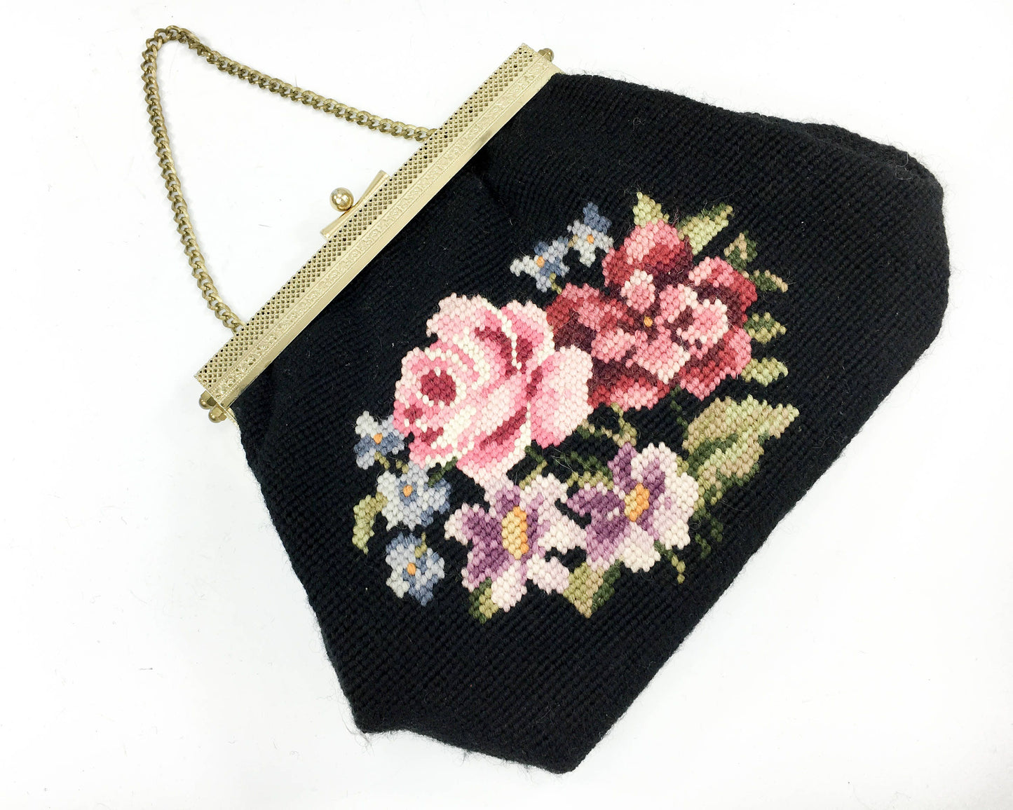 1950s Black Needlepoint Purse | 50s Black Floral Needlepoint Handbag | Pink Rose Needlepoint Bag