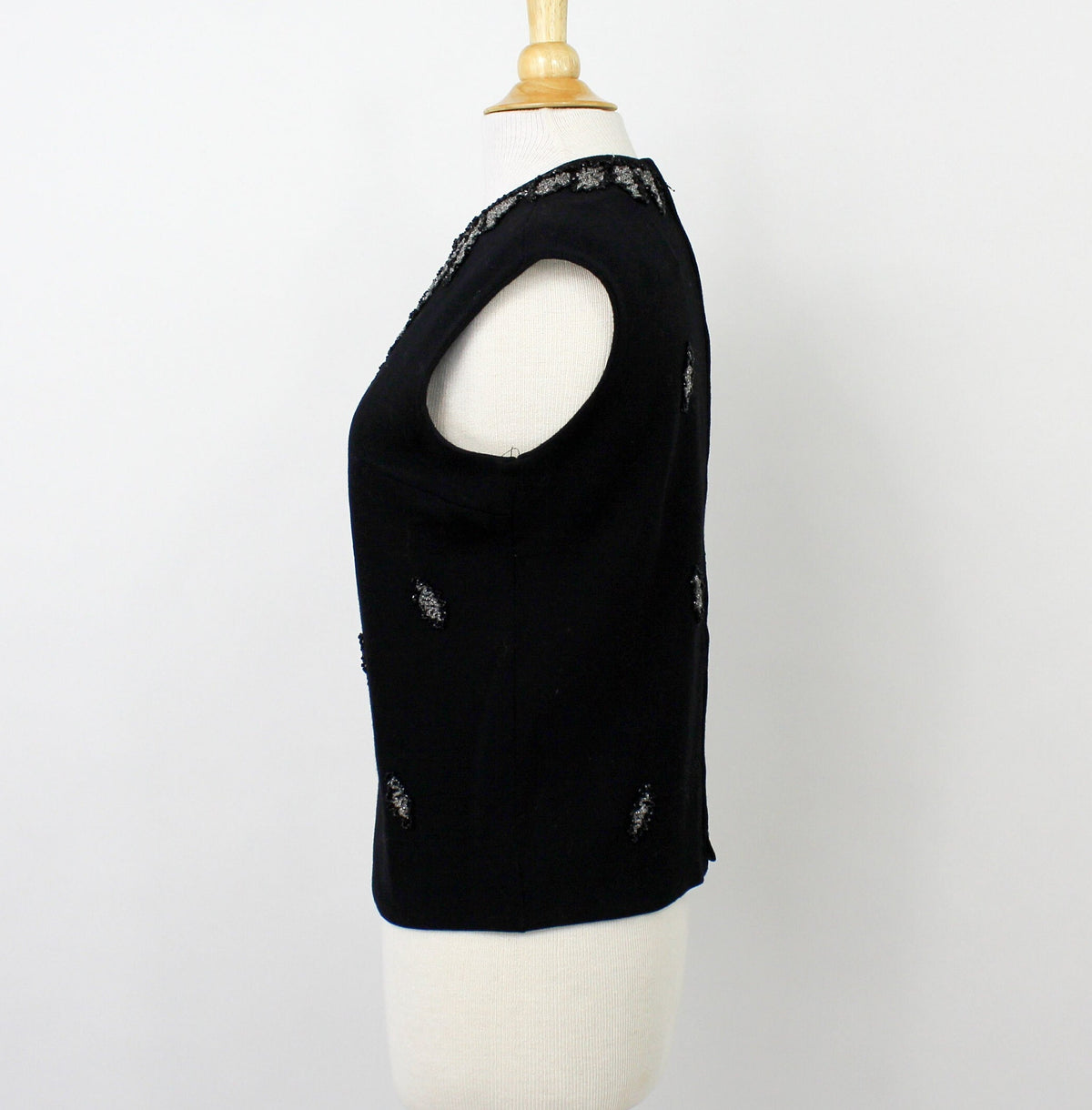 1960s Black Sleeveless Beaded Wool Sweater, Medium