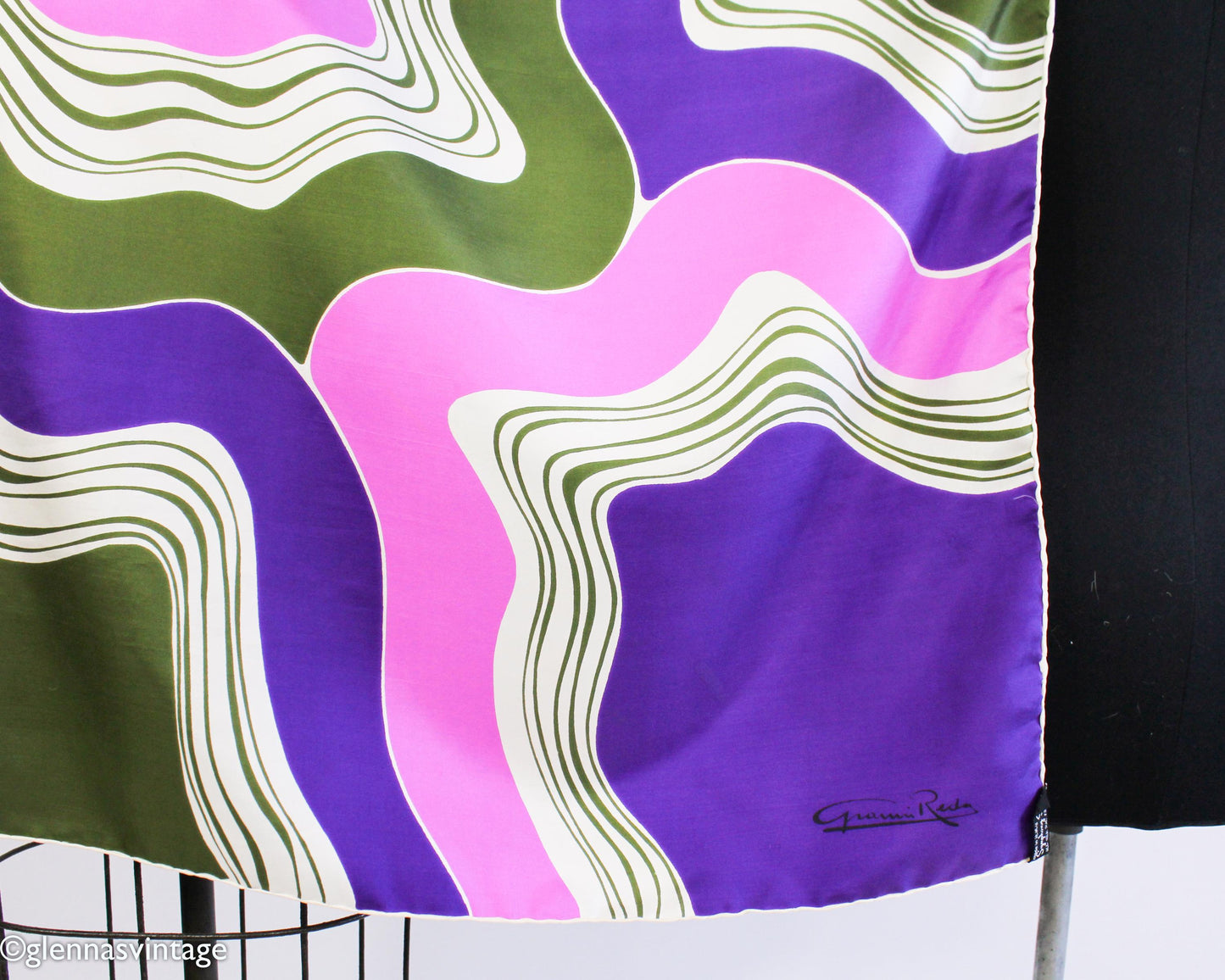 1980s Purple Green Pink Abstract Print Silk Scarf