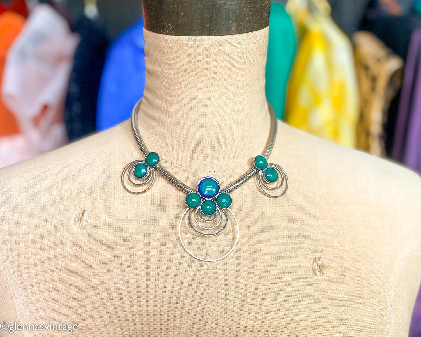 1960s Mod Necklace | Silver Circles, Green Glass Pendant