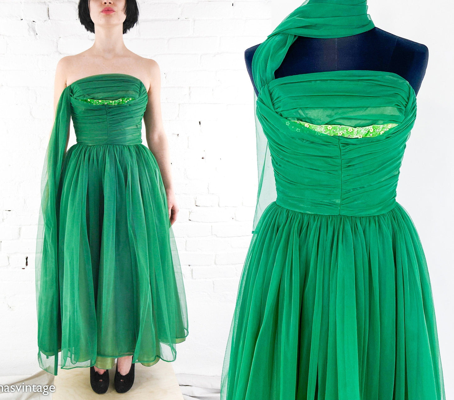 1950s Emerald Green Evening Dress, Extra Small