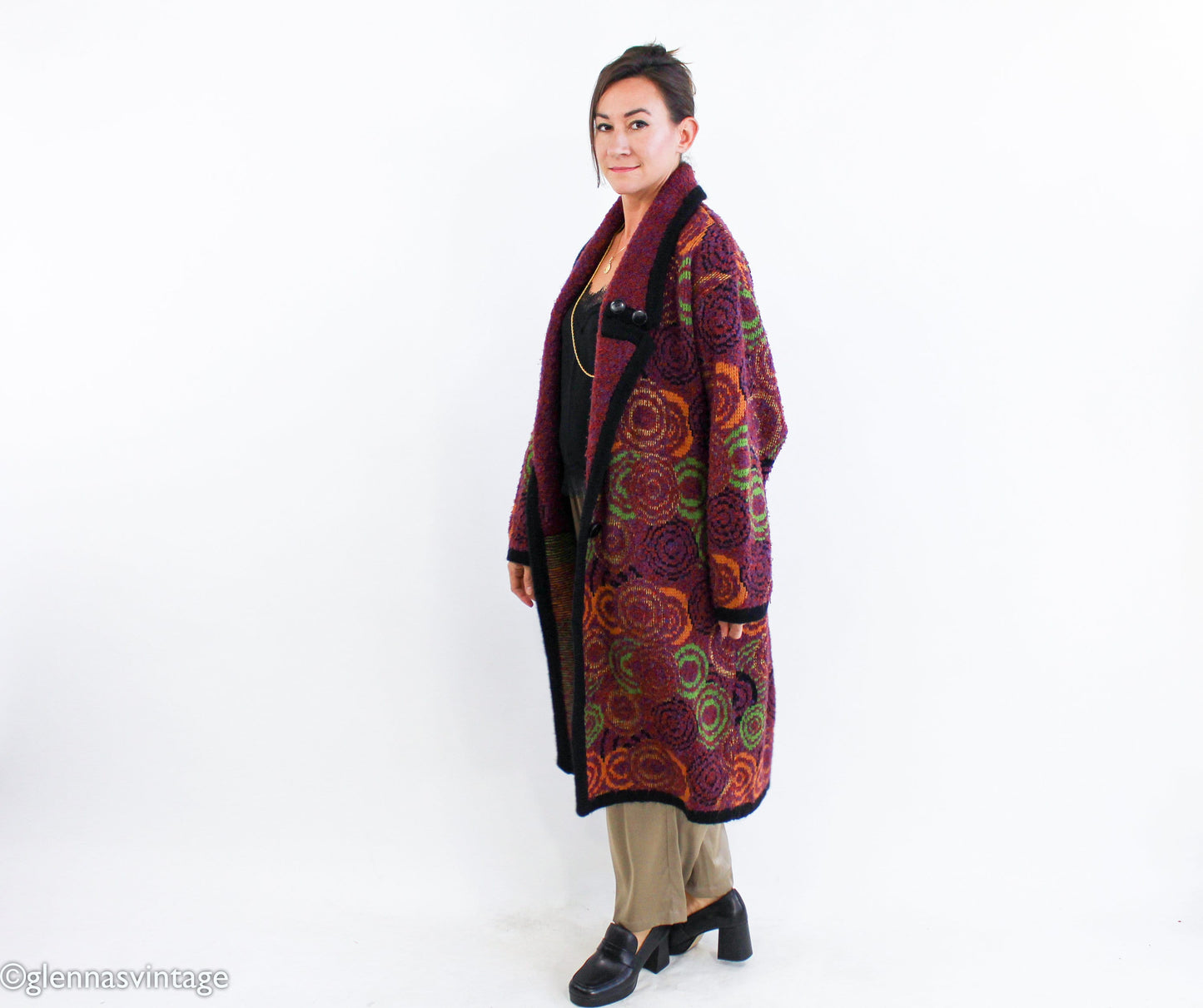 1980s Colorful Autumn Colors Oversized Sweater Coat | 80s Maroon Abstract Sweater Coat | La Mittini Large