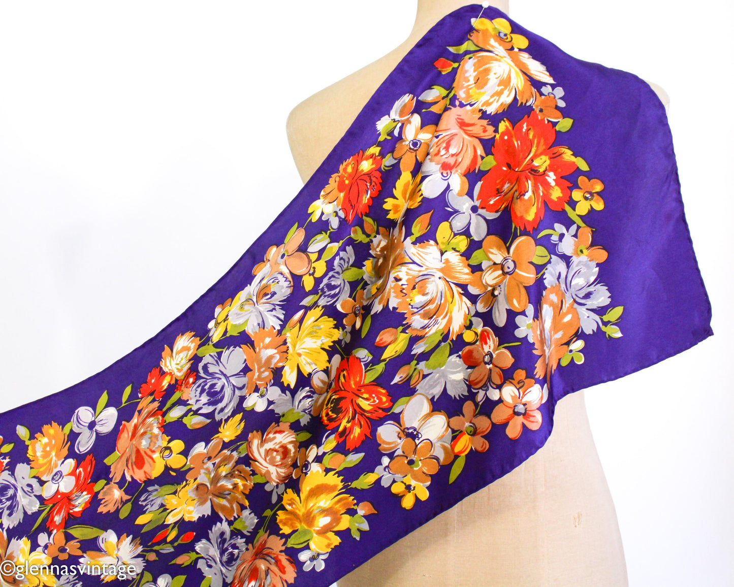 1980s Oscar de la Renta Purple Floral Silk Scarf