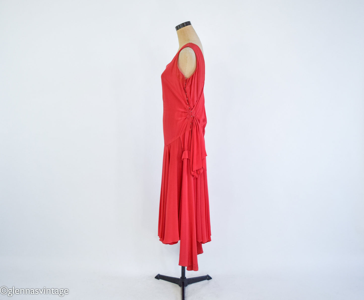 1930s Red Silk Crepe Evening Dress, Gatsby Party Gown, Small