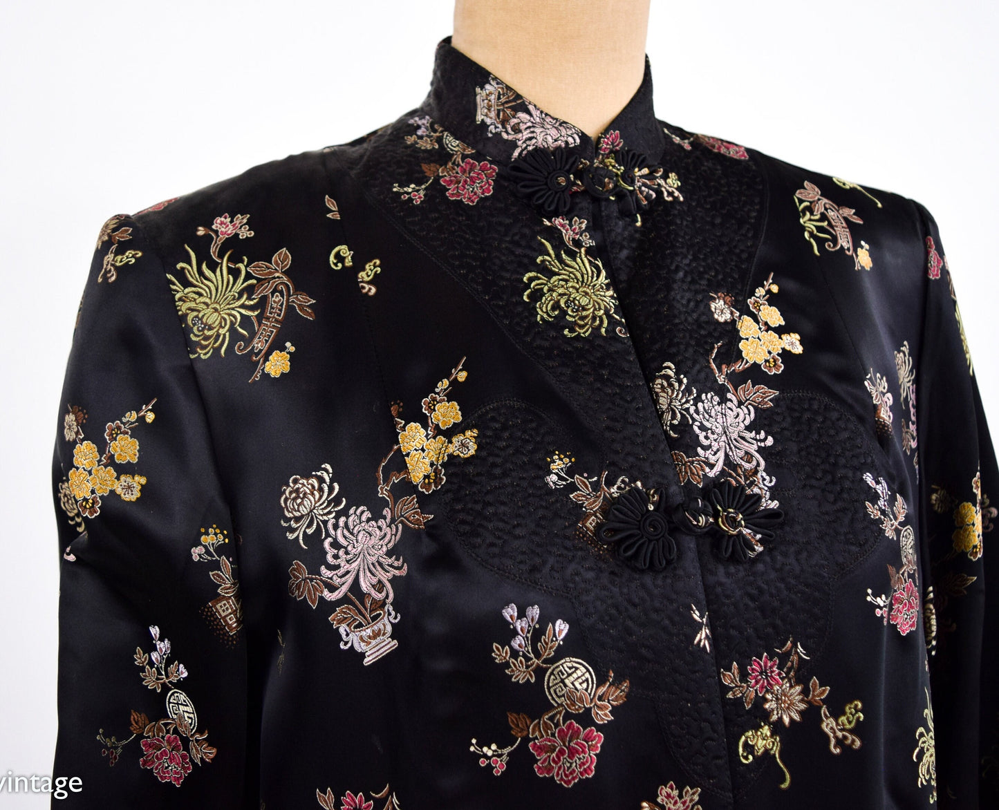 1950s Black Silk Asian Coat | 50s Black Floral Asian Coat | Peony | Medium