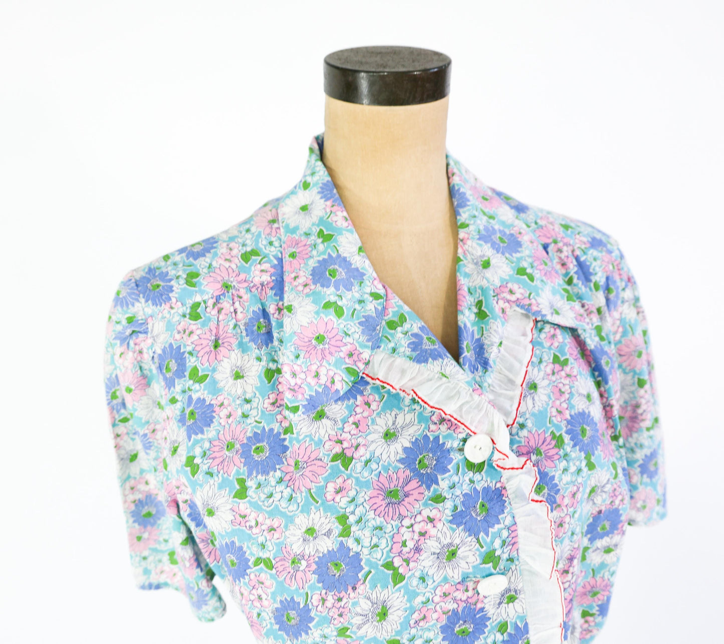 1940s Blue Pink Floral Cotton Day Dress, 40" Waist