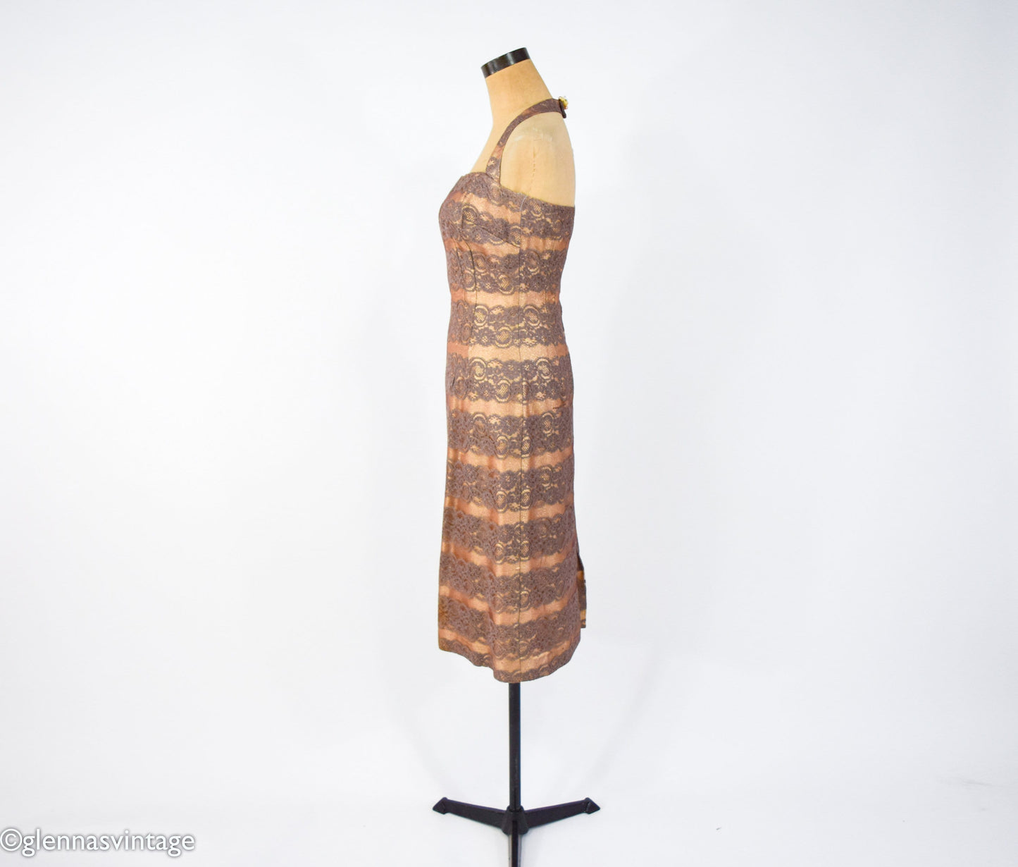 1950s Gold Lame & Brown Lace Sheath, Small