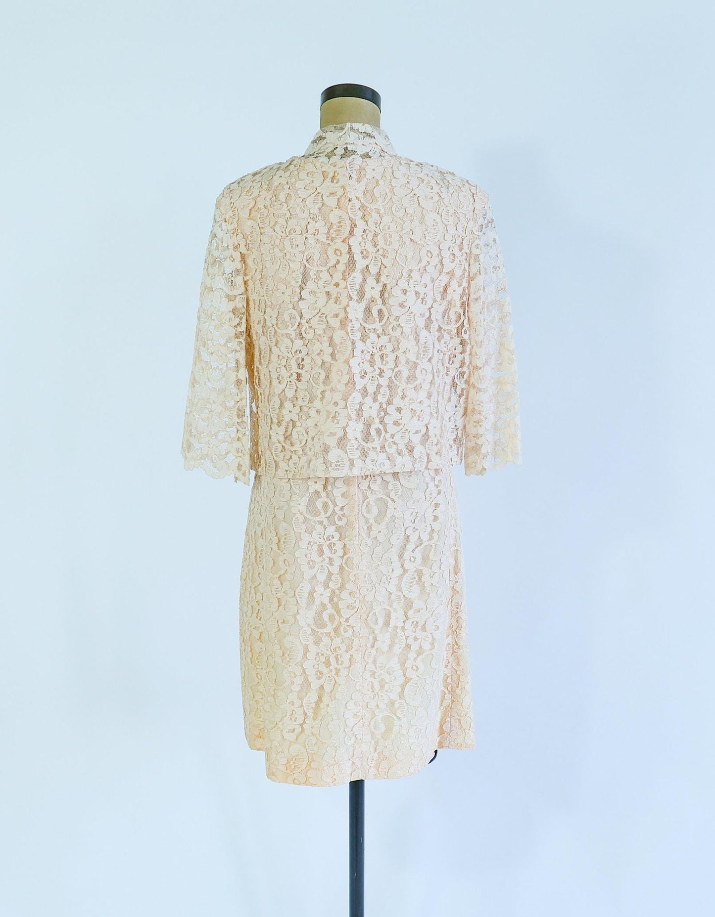 1960s Peach Lace Dress & Jacket Set, Wedding Ensemble, Large