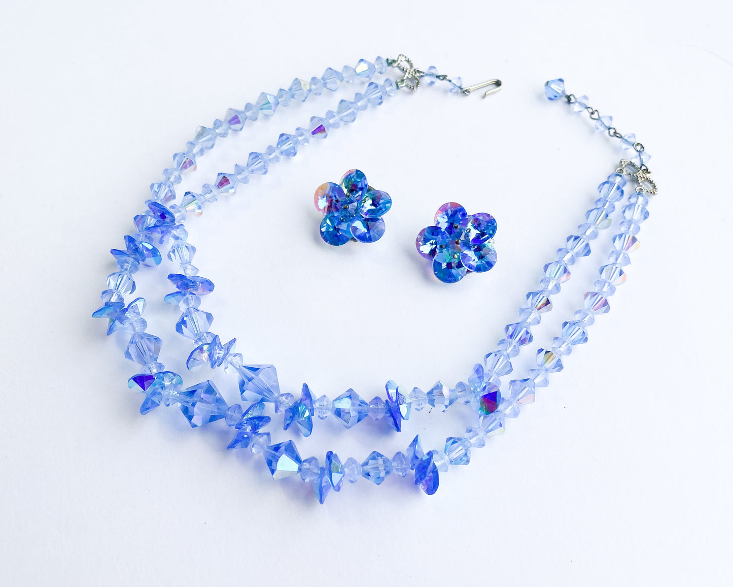 1950s Blue Crystal Necklace Set | 50s Blue Glass Bead Necklace & Clip Earrings