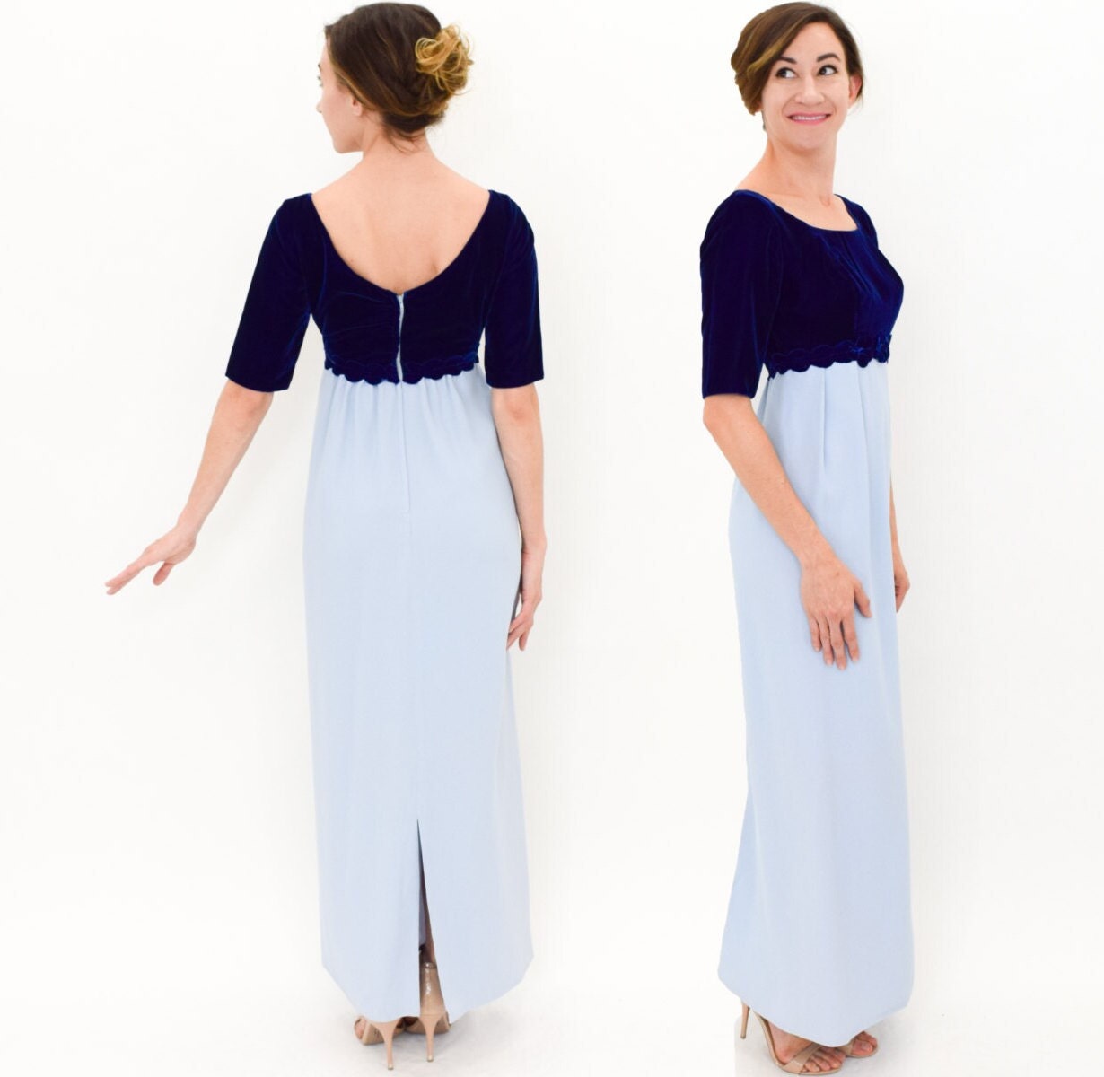 1960s Blue Evening Dress | 60s Blue Velvet & Crepe Formal Dress | Bridesmaid | Small