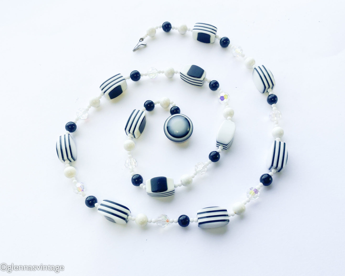 1960s Black & White Plastic Long Beaded Necklace | 60s Black White Crystal Bead Necklace