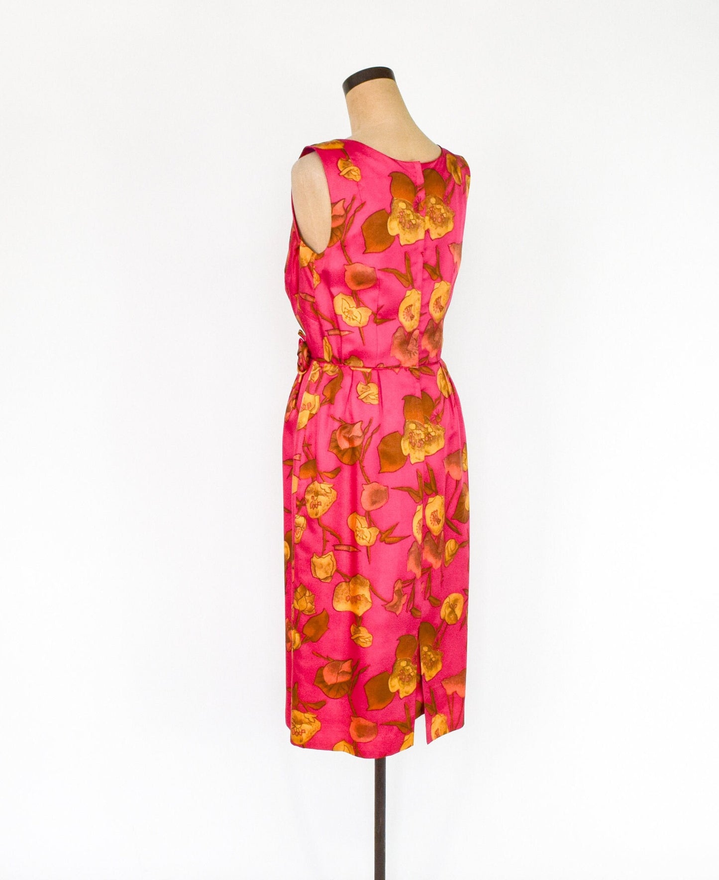1950s Fuchsia Pink Floral Wiggle Dress, Medium