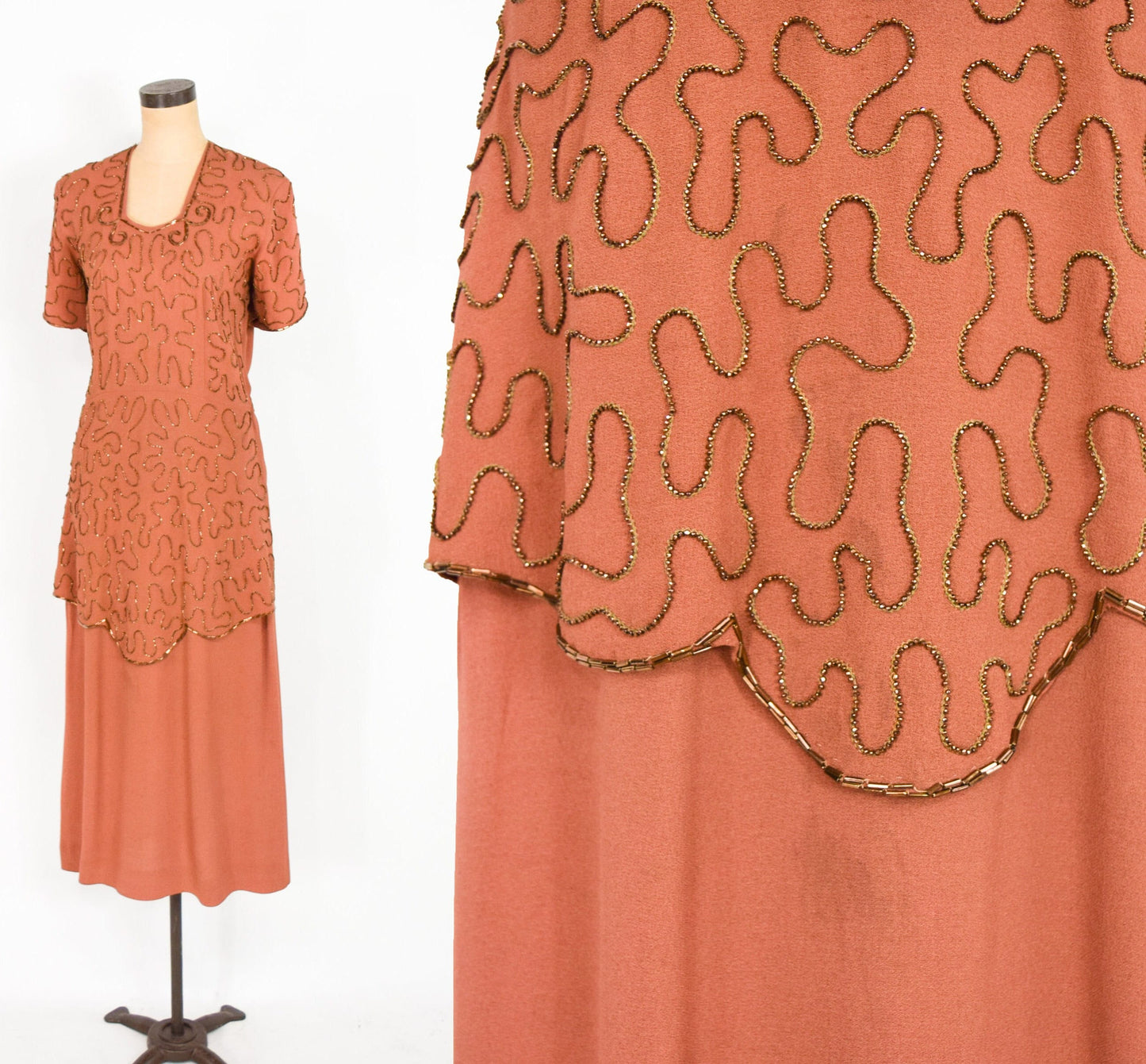 1940s Copper Beaded Evening Dress | 40s Orange Beaded Evening Gown | Old Hollywood | Large