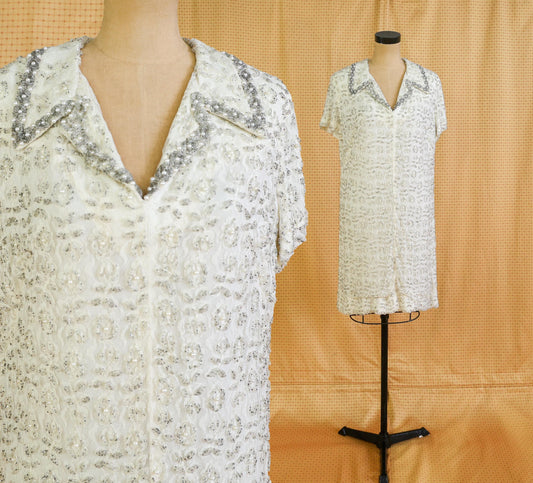 1960s White Silver Beaded Shift Dress, Short Wedding Dress, Extra Large