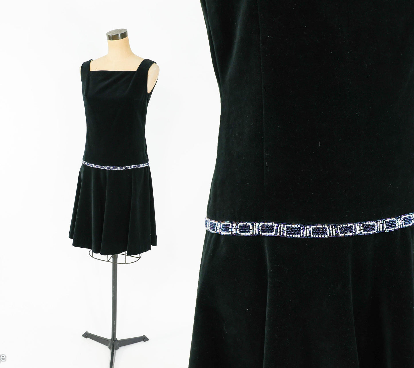 1960s Black Velvet Drop Waist Dress | 60s Black Cotton Velvet Shift | Twiggy | Schade Kleidung | Small