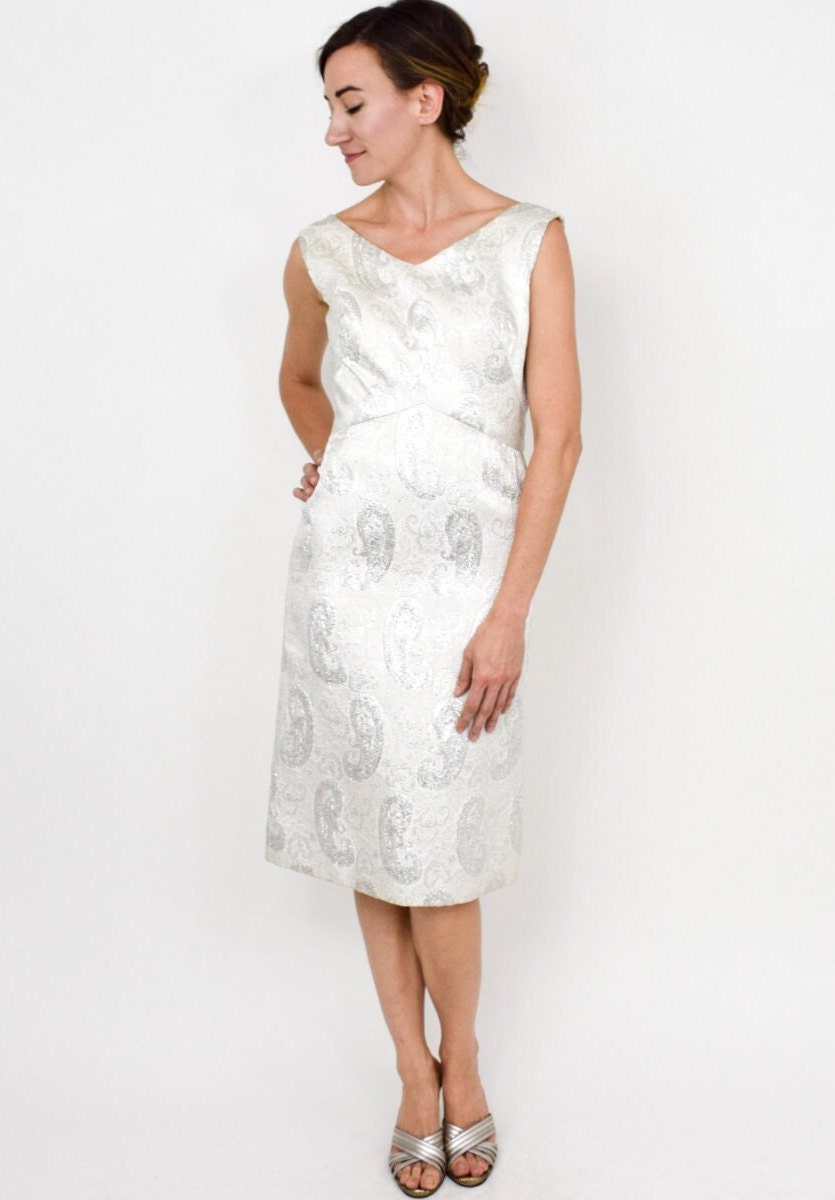 1960s Metallic Silver & White Brocade Dress, Small