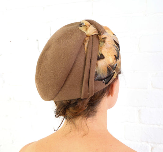 1950s Brown Feather & Wool Beret, Helen Joyce Original Hat