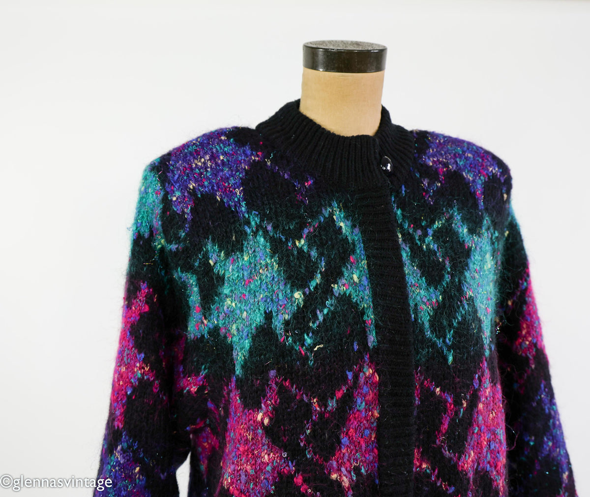 1980s Black Purple Metallic Knit Sweater Jacket, Lily of California, XL
