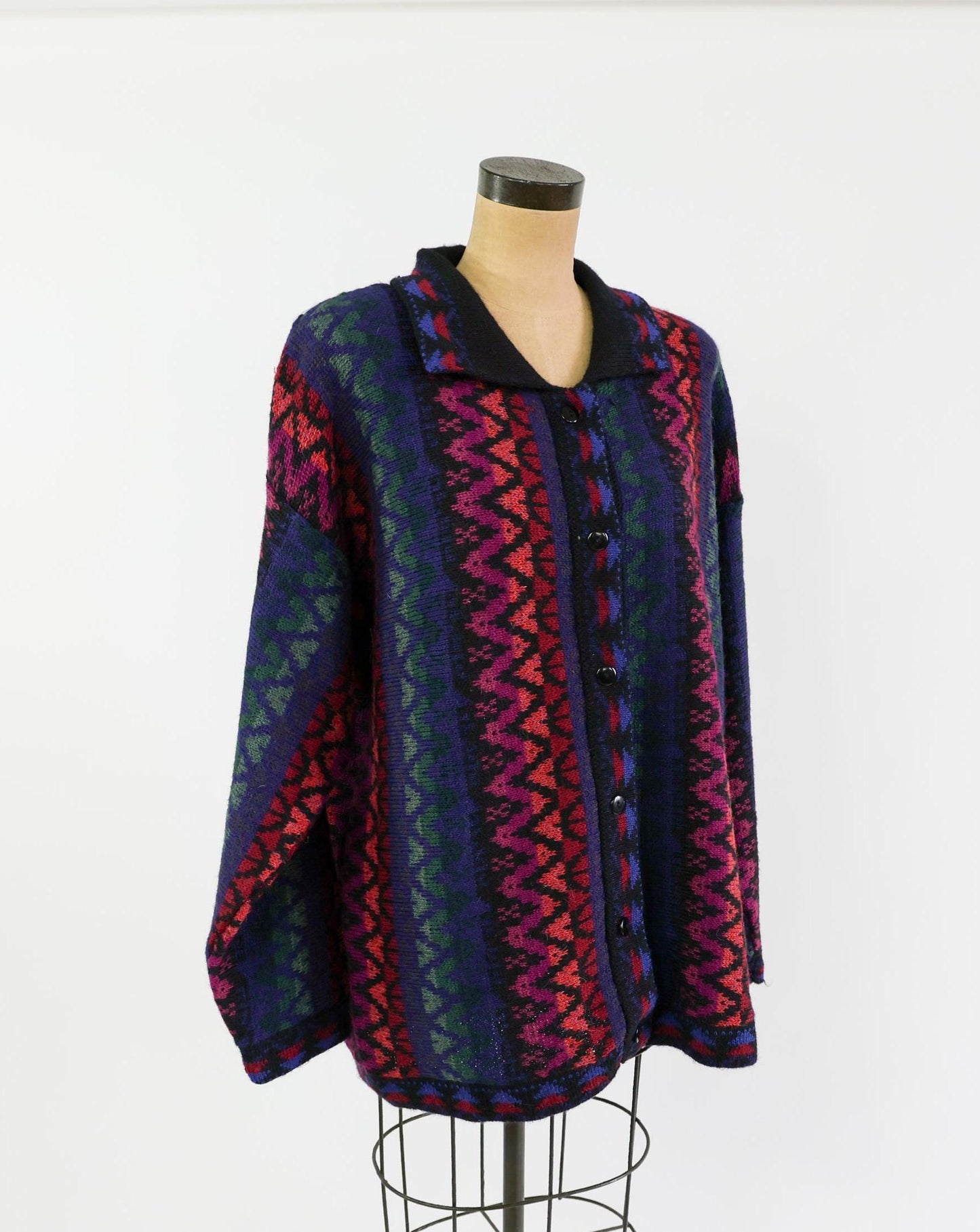 1980s Black Alpaca Wool Stripe Cardigan Sweater Jacket, Large