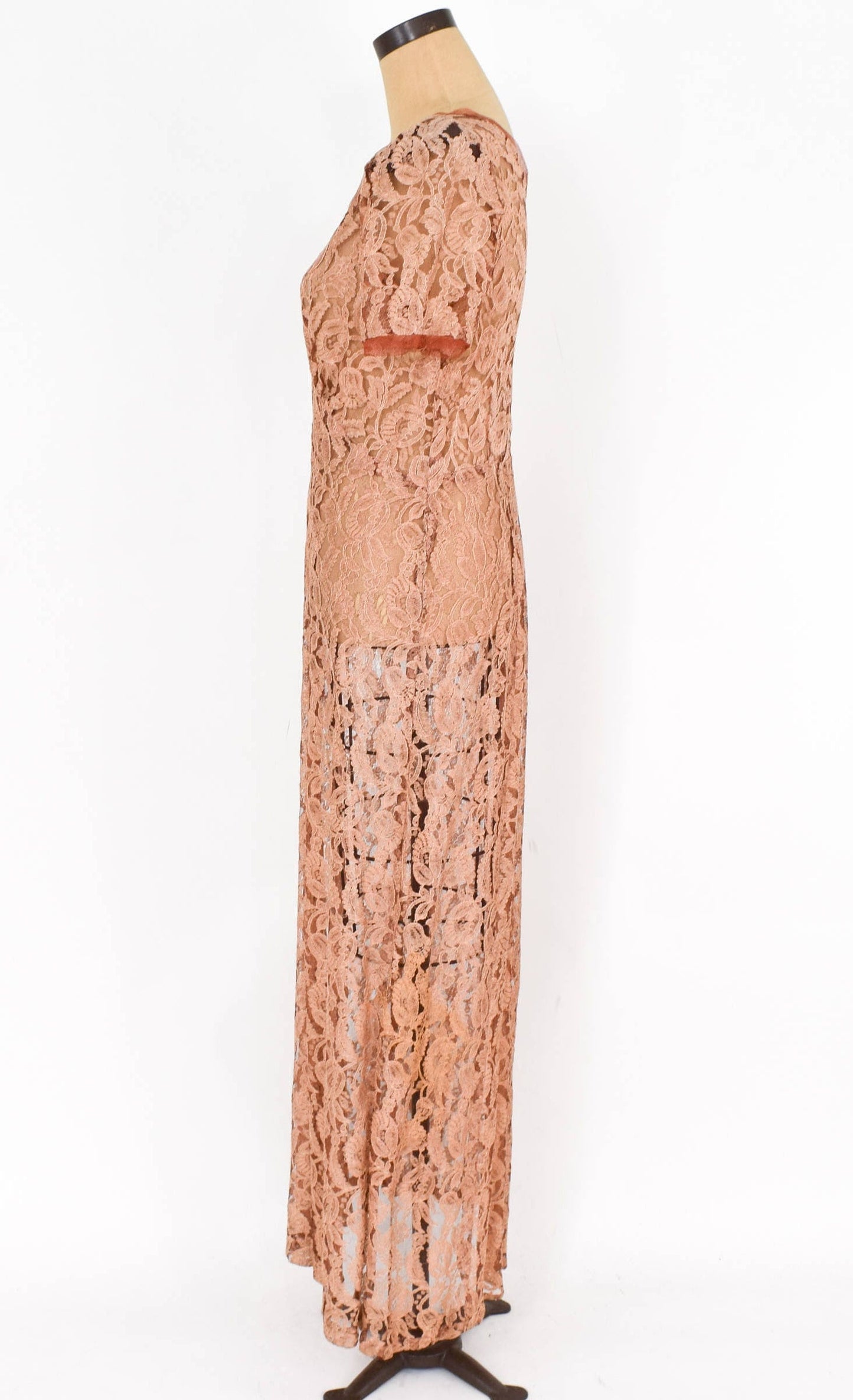 1930s Peach Floral Lace Dress, Evening Gown (Study Piece), Medium