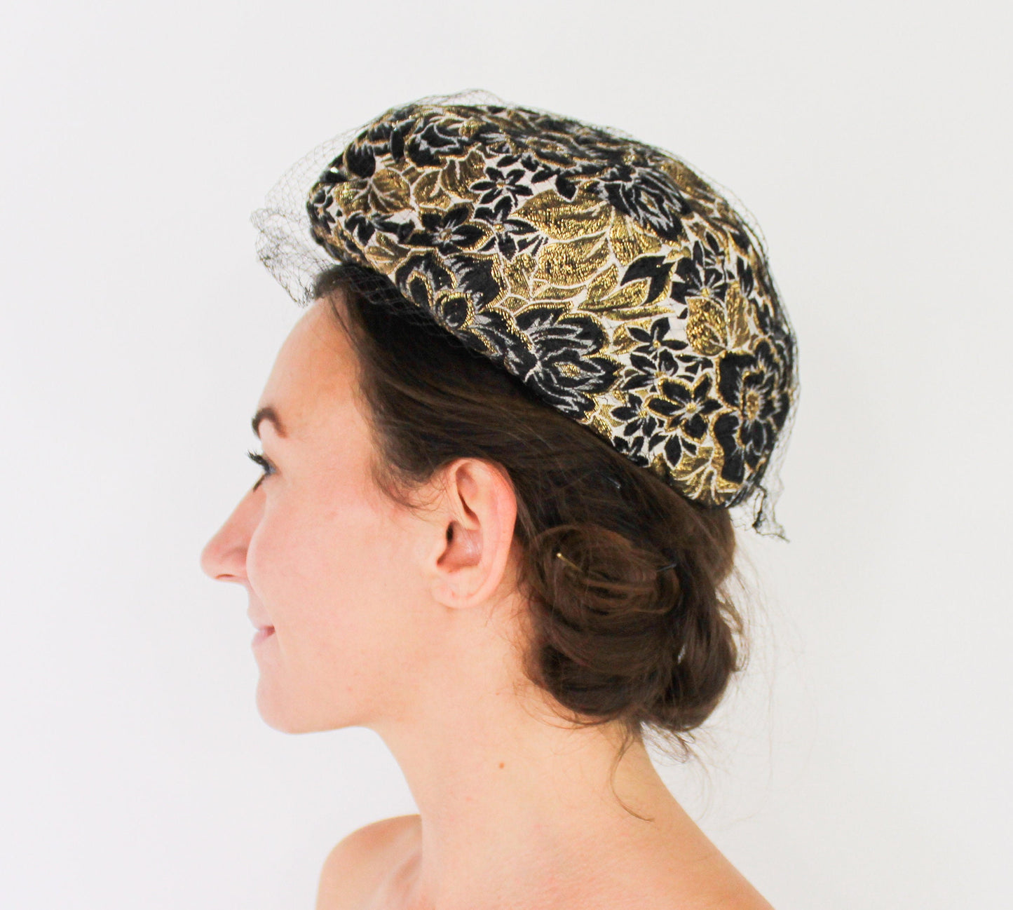Vintage 1950s Black & Gold Brocade Pillbox Hat | Mr. Mac, Jackie O Style