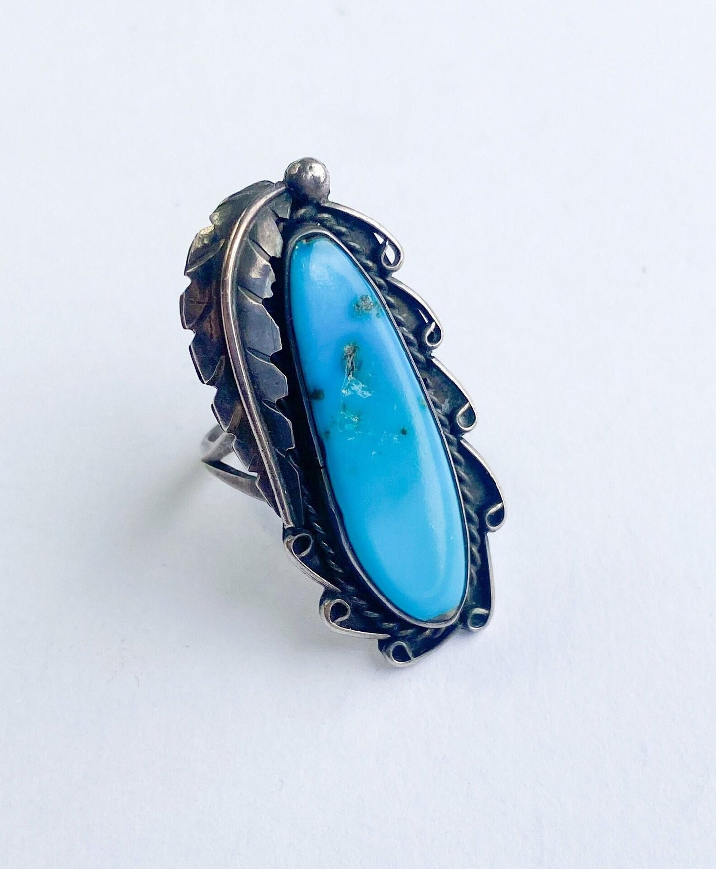 Vintage 1960s Turquoise Sterling Silver Ring | Southwest Feather Design, 6 1/2