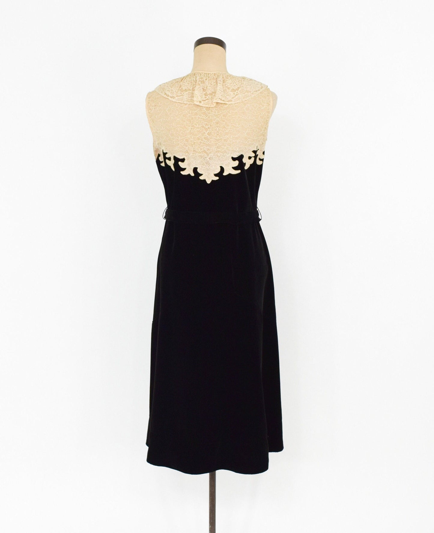 1920s Black Velvet Dress with Lace Bodice, Medium