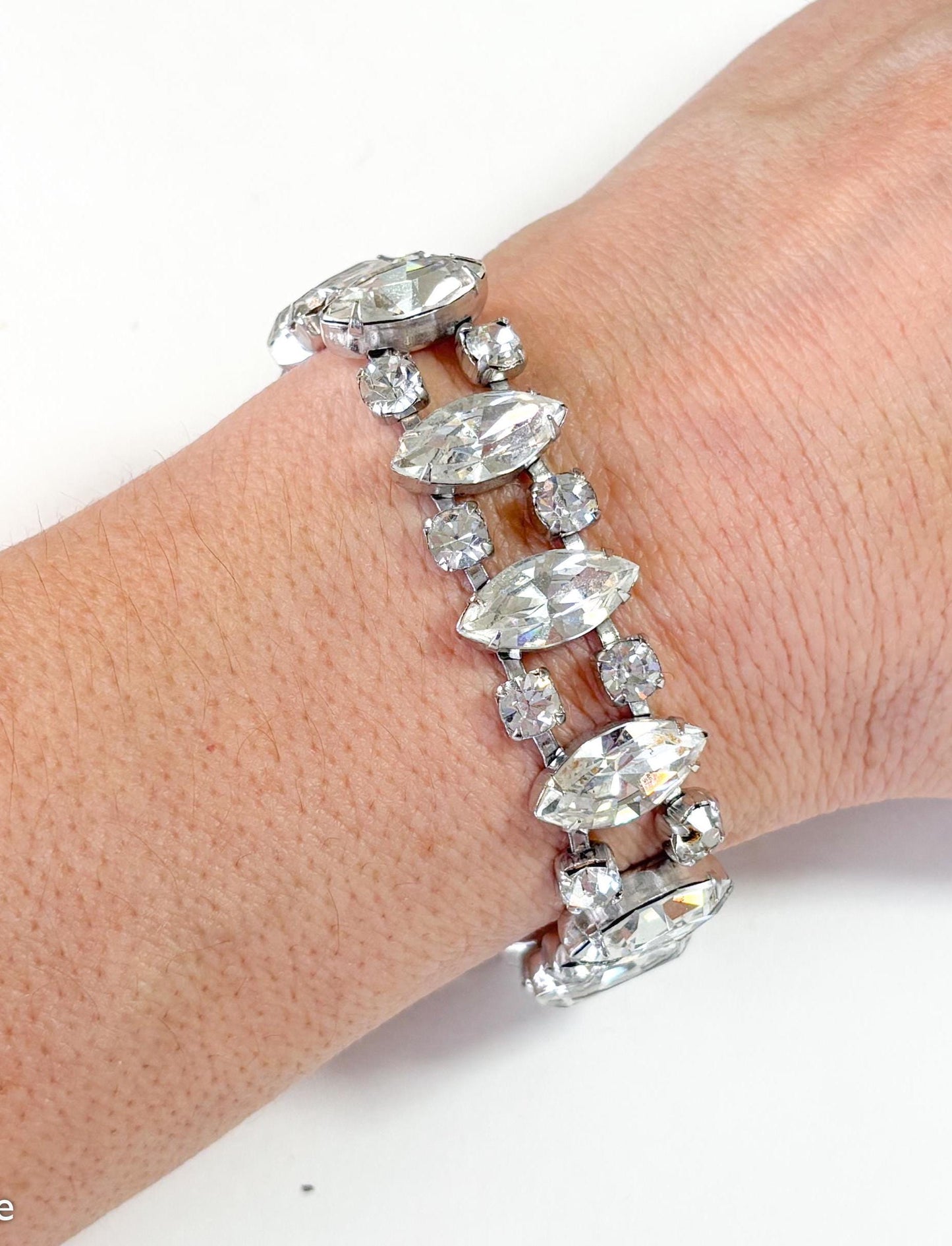 1960s Rhinestone & Silver Bracelet with Navette Crystals