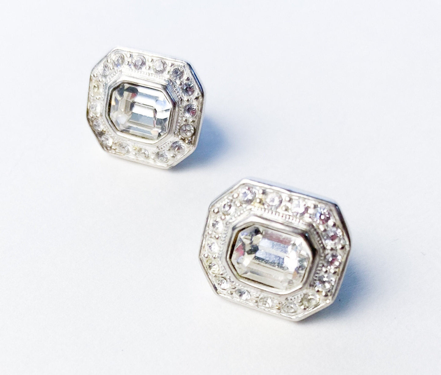 1950s Silver & Rhinestone Clip Earrings | 50s Silver Rhinestone Evening Earrings