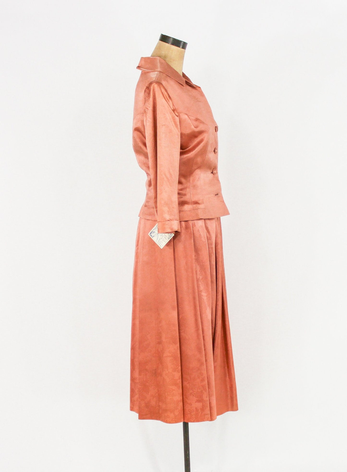 1940s Peach Satin Suit Set | 40s Orange Satin Wedding Skirt Suit Set | Medium