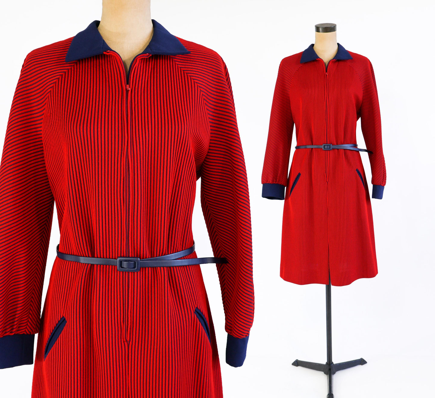 1960s Red Navy Striped Knit Dress , Extra Large, 40" Waist