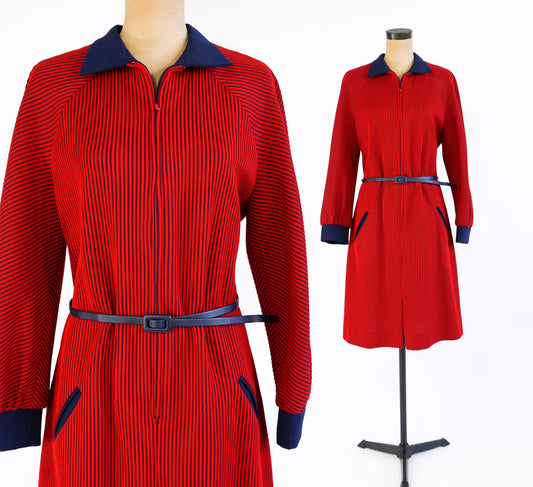 1960s Red Navy Striped Knit Dress , Extra Large, 40" Waist