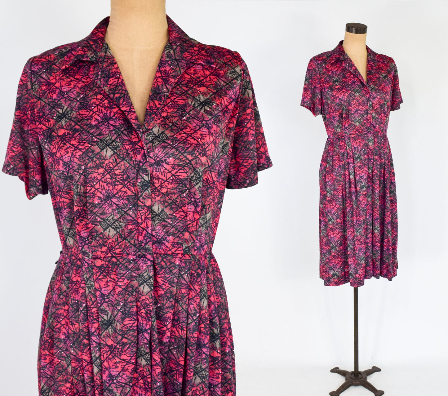 1950s Pink & Gray Atomic Print Nylon Dress, Medium