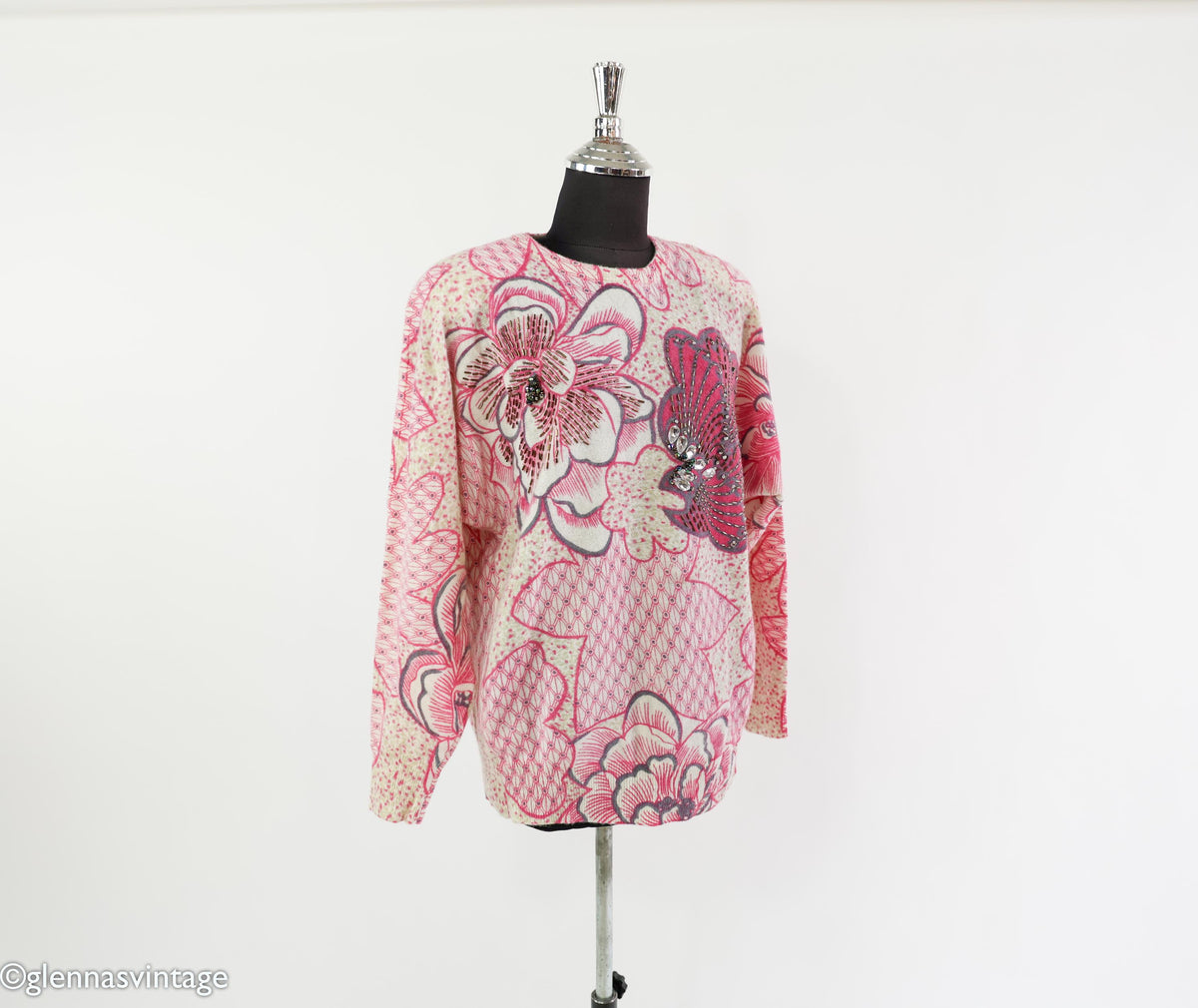 1980s Pink Flower Lambswool Sweater, Medium