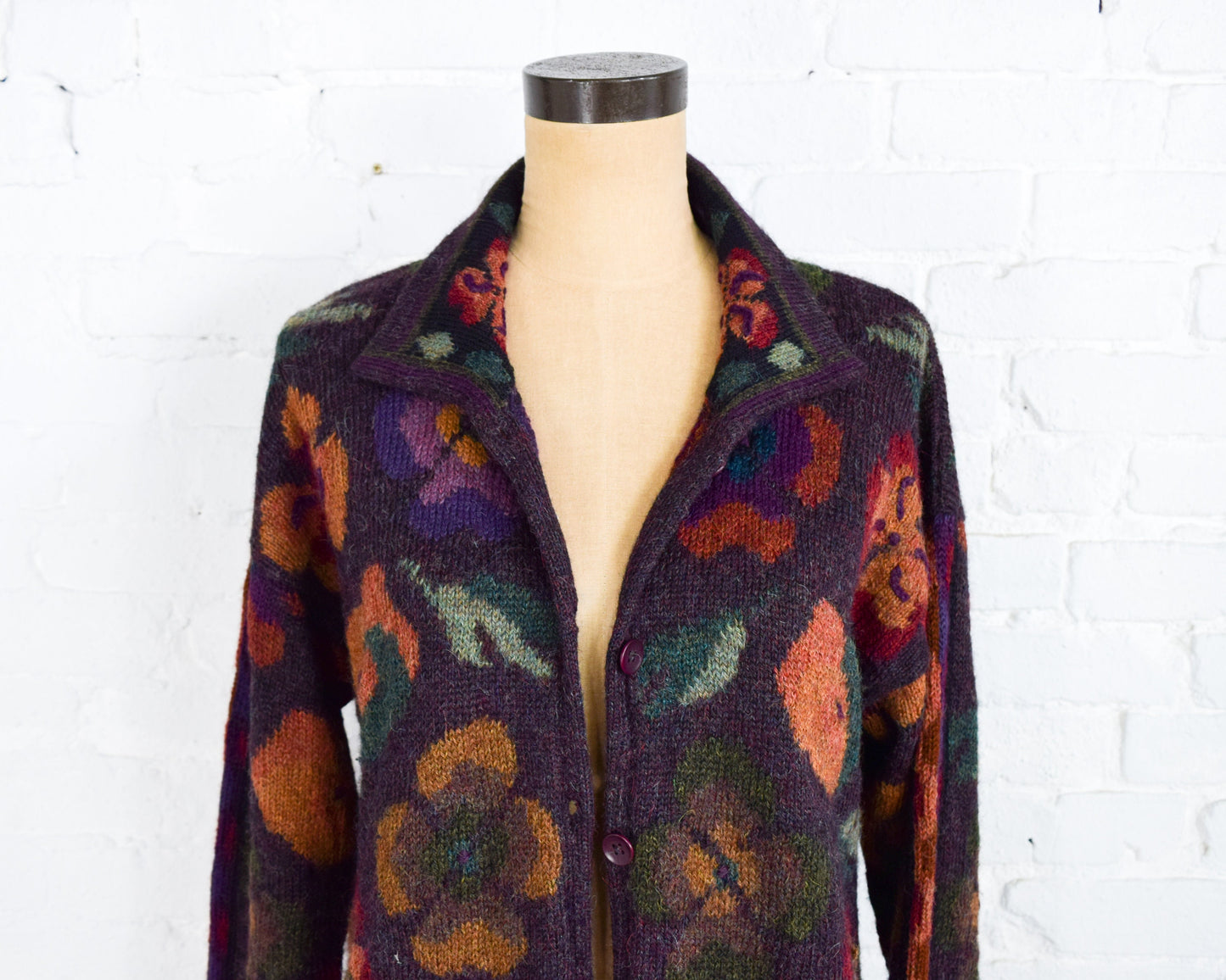 1980s Purple & Burgundy Pant Outfit | Purple Floral Sweater | Wearable Art | Medium Large