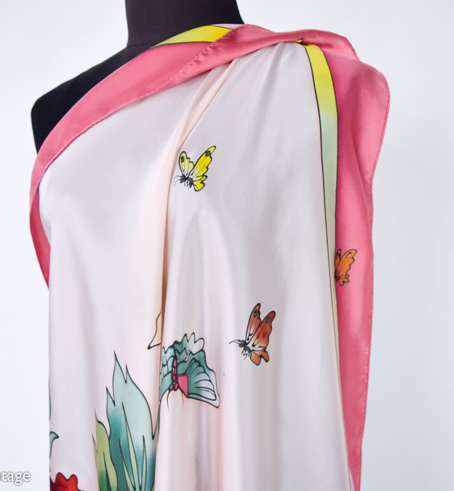 1980s Red Pink Floral Print Silk Scarf, Peony Flowers
