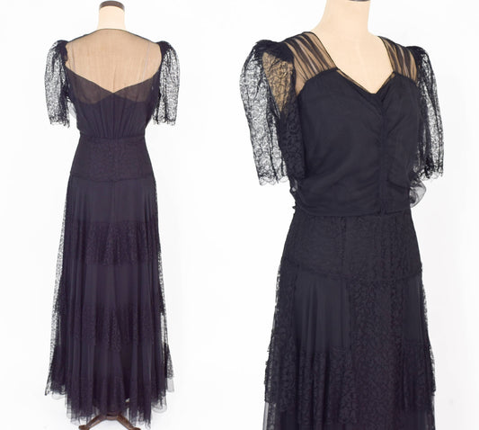 1940s Vintage Black Chiffon & Lace Evening Dress, Extra Large