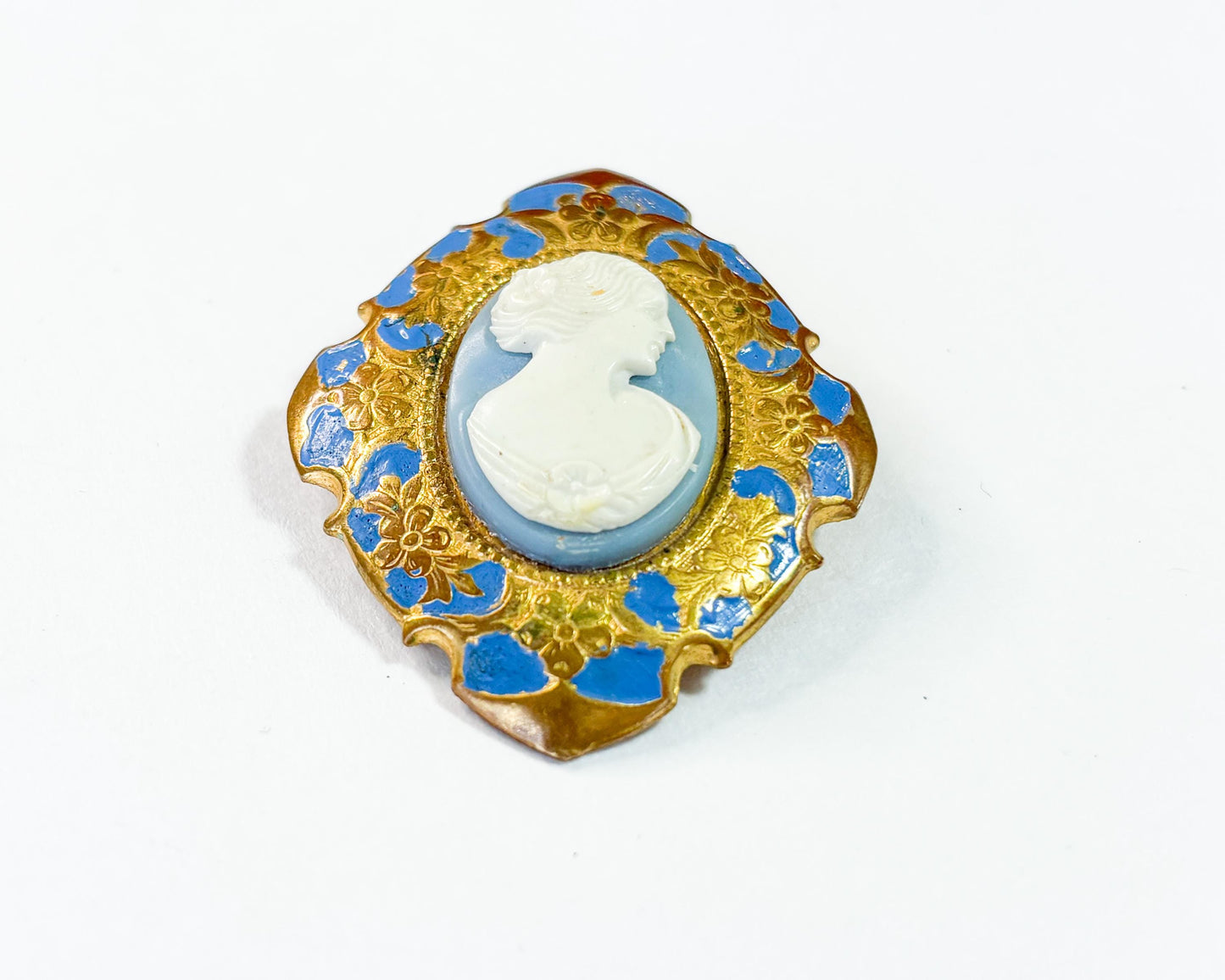 1930s White Blue Vintage Cameo with Brass & Enamel Frame