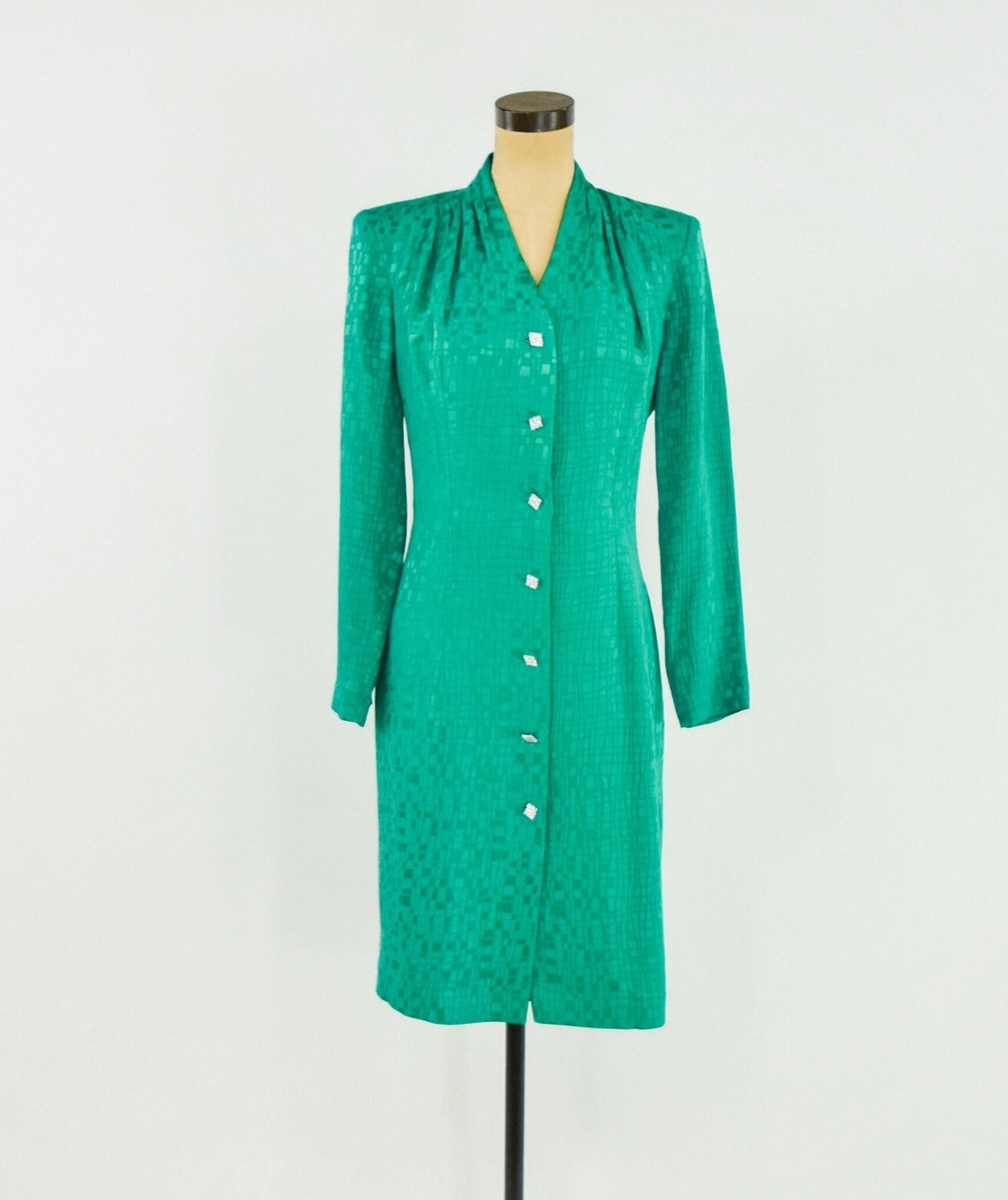 1980s Emerald Green Silk Dress | Vintage Rhinestone Button Front