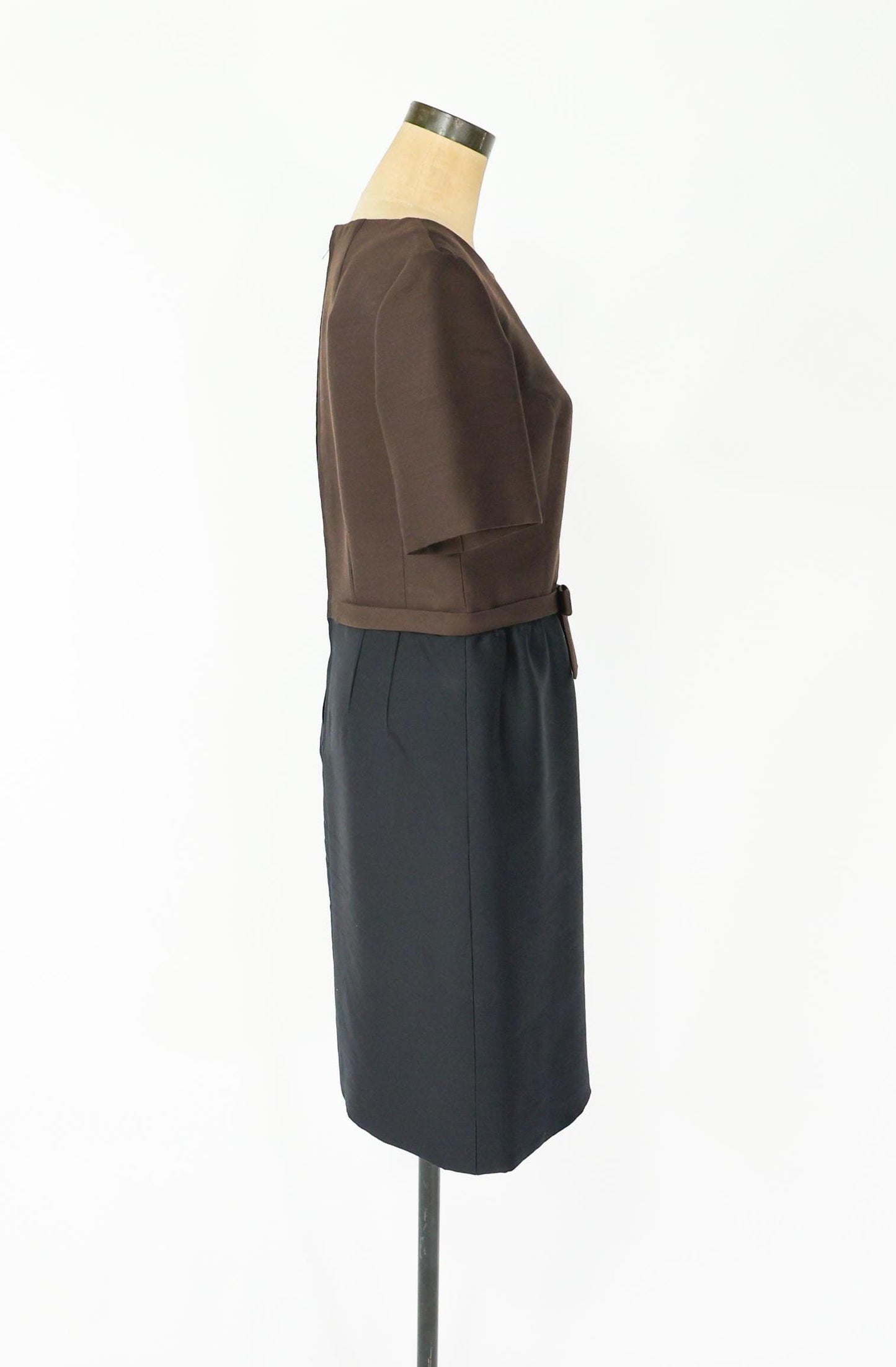 1950s Brown Black Silk Shantung Dress, Large