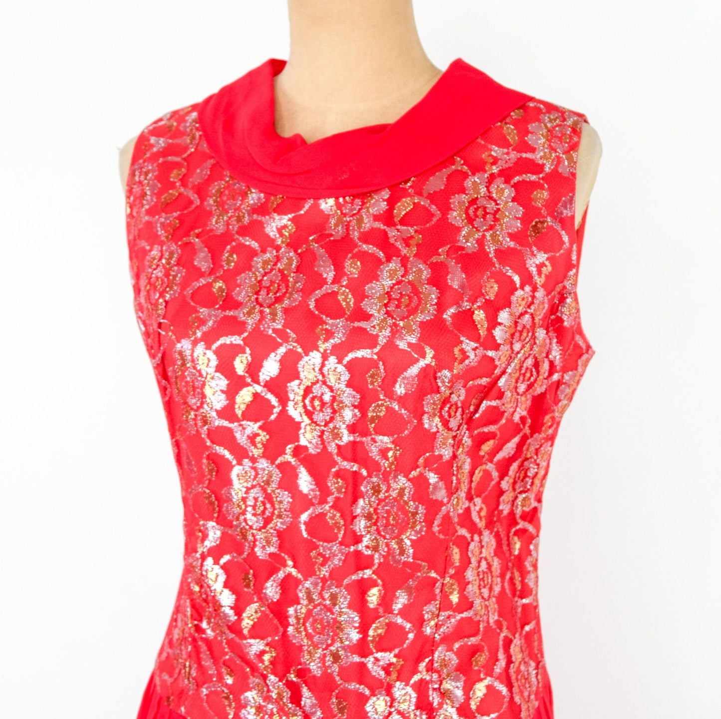1950s Red Chiffon & Silver Lace Party Dress, Medium
